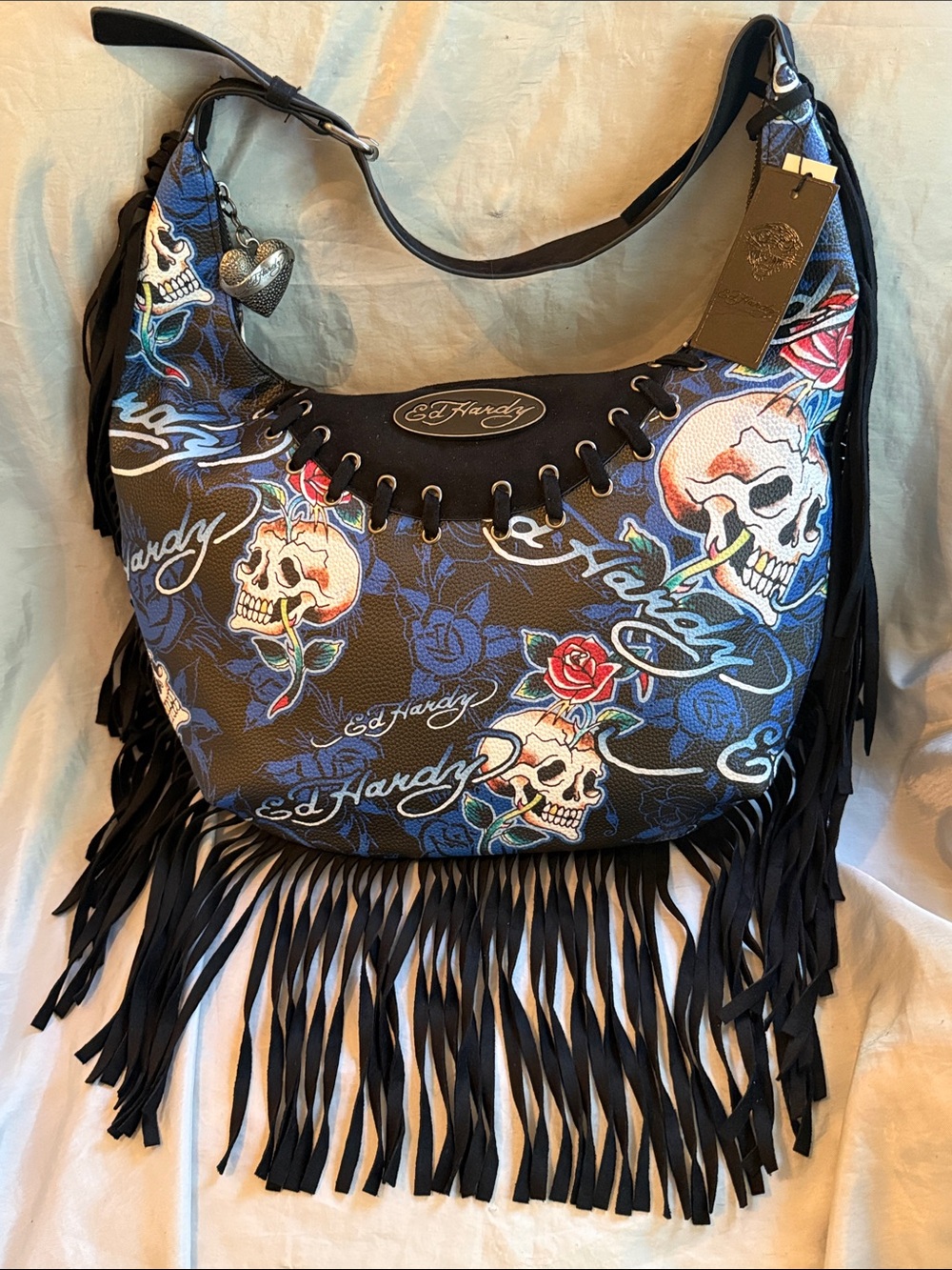 Ed Hardy Black Blue Skull Rose Fringe Shoulder Bag ML T